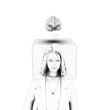 Thinking Outside The Box - Digital image of woman with head in box and brain Illustrazione stock