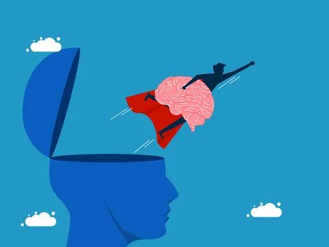 Thinking outside the box. man hero holds a brain flying out of his head Illustrazione stock