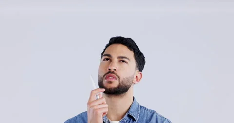 Thinking, pen and man with ideas, solution and problem solving on a white studio Stock Footage 250089487