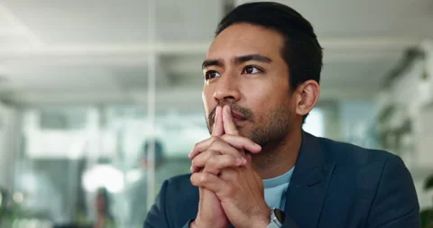 Thinking, pensive and idea with business man in office for problem solving Stock Footage 294430337