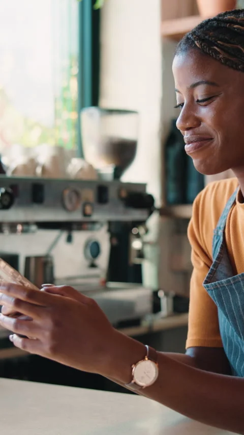 Thinking, phone or barista in coffee shop with laugh, chat message or funny Stock Footage 342256752