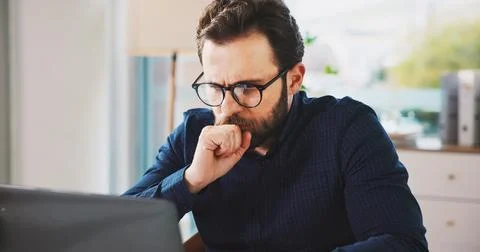 Thinking, plan and man in office with laptop, problem solving or report for.. Stock Photos