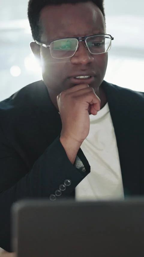 Thinking, planning and black man with laptop in office, campaign schedule Stock Footage 332921917