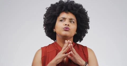 Thinking, planning and why with black woman in studio for brainstorming, idea Stock Photos