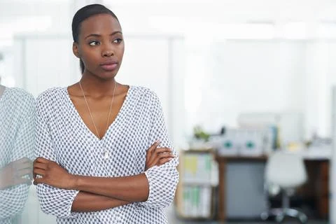 Thinking, problem solving and business black woman arms crossed in office for Stock Photos