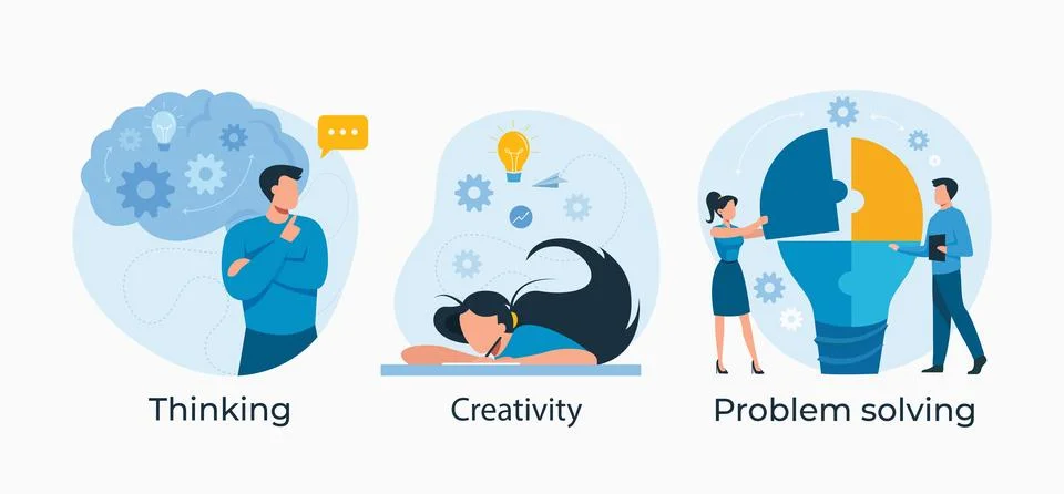 Thinking, problem solving and idea brainstorming concept, illustration Illustrazione stock