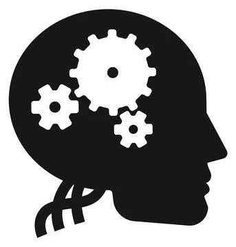 Thinking proccess icon. Black human head with working gears Illustrazione stock