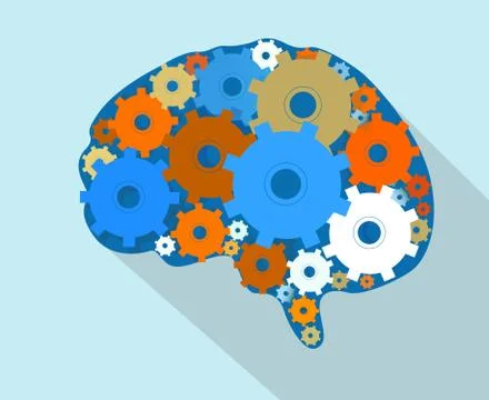 Thinking process and creativity. Human brain with gears on blue background Stock Illustration