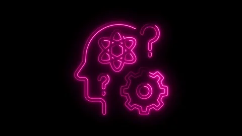 Thinking process with atom,gear,and question mark neon glow on black backgrou Stock Footage 308998267