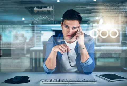 Thinking, programmer and man in office, night and overlay of interface, keyboard Stock Photos
