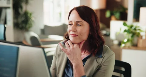 Thinking, programmer and woman with computer, office and planning for project, Stock Footage 330049600