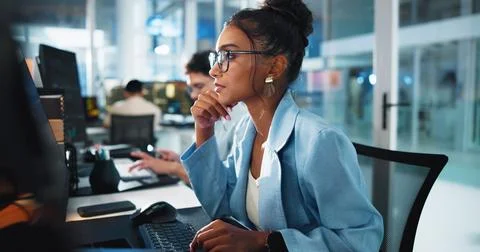 Thinking, programmer and woman with computer, office and serious for project on Stock Photos