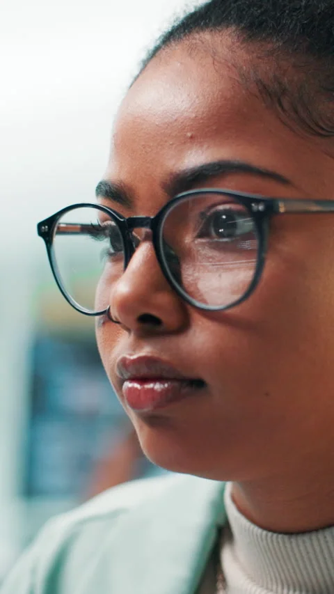 Thinking, programmer and woman with glasses, coding and tech support with cyber Stock Footage 306822661