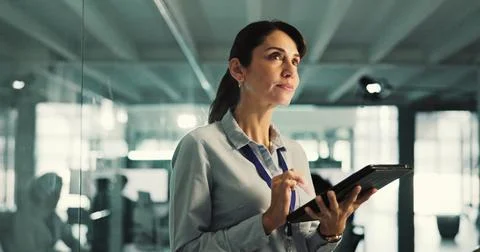 Thinking, programmer and woman with tablet in office, app development plann.. 스톡 사진