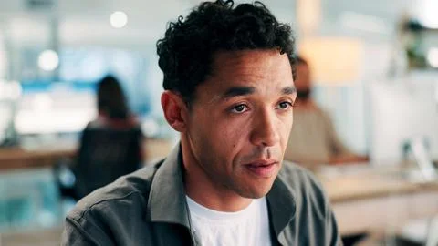 Thinking, programmer or man in office for coding deadline, contemplating pr.. Foto stock