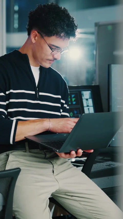 Thinking, programming and man in office, laptop for software development and 스톡 동영상 333232649