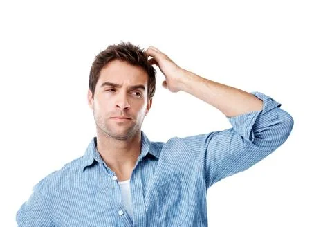 Thinking, question and man in studio with problem solving or decision for creati Stock Photos