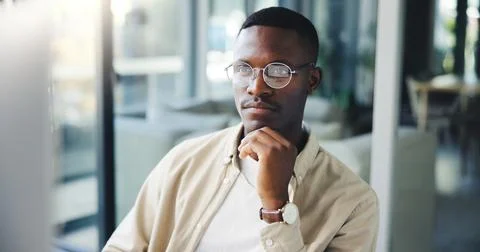 Thinking, reading and black man on computer for business decision, insight or Stock Photos
