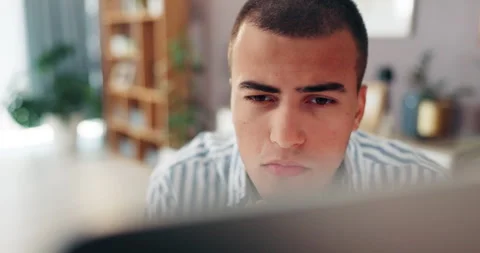 Thinking, reading and man on computer for remote work, problem solving and Stock Footage 303621040