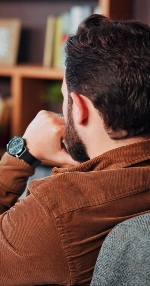 Thinking, reflection and man in home with choice, plan or problem solving for Stock Footage 319030592