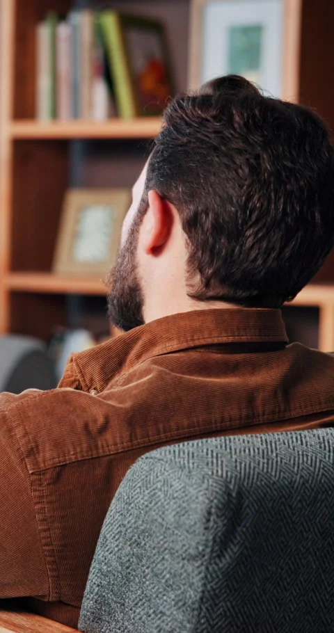 Thinking, reflection and man in house with plan, choice or problem solving for Stock Footage 320534869