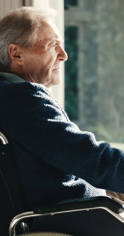 Thinking, relax and senior man in wheelchair with nostalgia, memory or remember Stock Footage 342239573