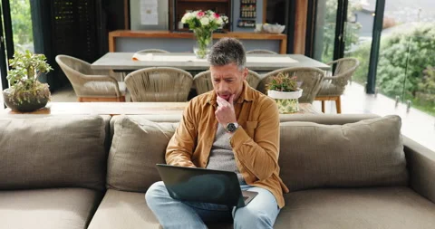 Thinking, remote work and confused man with laptop, article error and problem Stock Footage 319736281