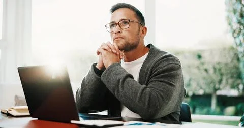Thinking, remote work and man with laptop in house for account manager, client Stock Photos