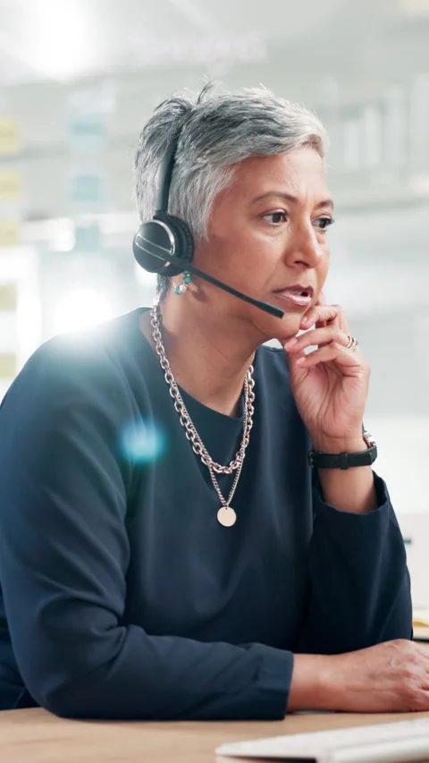 Thinking, research and call center with business woman for customer support Stock Footage 308989160
