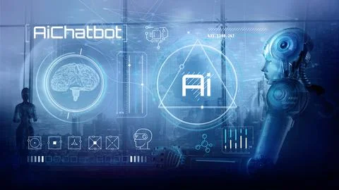 Thinking robot analyzes scientific research using artificial intelligence. Stock Illustration