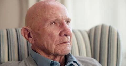 Thinking, sad and elderly man in house with memory, loss and remembrance of past Stock Footage 340636928