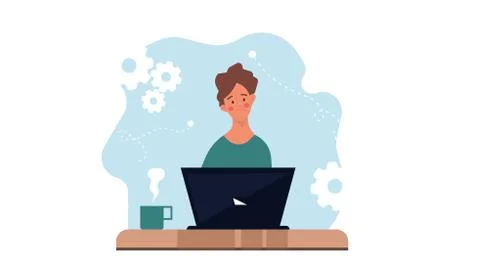 Thinking sad man on laptop vector flat illustration business concept. Profess Stock Illustration