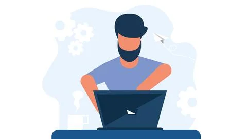 Thinking sad man on laptop vector flat illustration business concept. Profe.. 스톡 일러스트