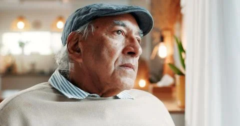 Thinking, sad or old man in house with worry, loss or memory of past mistak.. Stock Photos