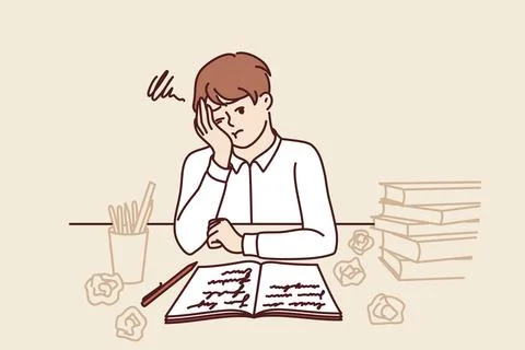 Thinking schoolboy does homework sitting at table with books and workbook after Illustrazione stock