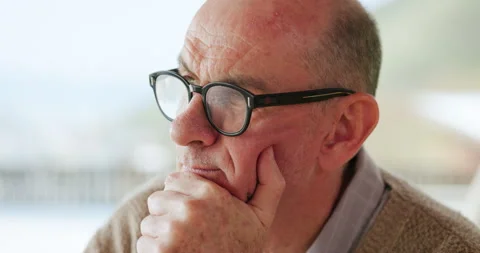 Thinking, senior man and glasses at house with vision, depression and remember Stock Footage 319028794