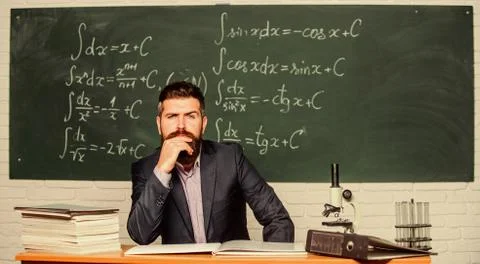 Thinking on serious problem. Serious teacher touching beard by hand. Bearded man Stock Photos