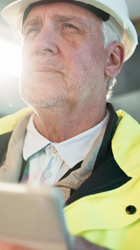 Thinking, smile and construction worker with tablet on site outdoor for email Stock Footage 343602703