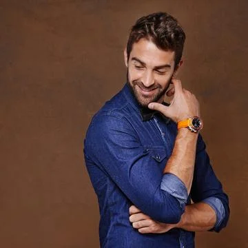 Thinking, smile and man in studio with idea, remember or happy memory Stockfoto's