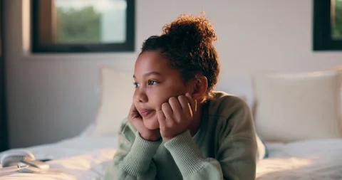 Thinking, smile and relax with child in bedroom in home for vision, reflection Stock Footage 335520464