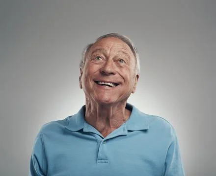 Thinking, smile or old man in studio with daydream, nostalgia or positive m.. Stock Photos