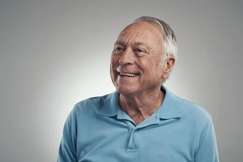 Thinking, smile or old man in studio with nostalgia, inspiration or positiv.. Stock Photos