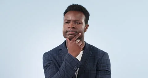 Thinking, solution and black man with idea or problem solving isolated in a Stock Footage 251956466