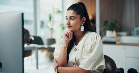 Thinking, solution or woman in office with computer, draft idea or brainstorming Stock Footage 329372635