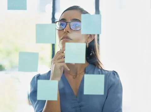 Thinking, sticky note or business woman problem solving with marketing strategy Stock Photos