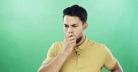 Thinking, stress and man in studio with doubt, question or problem solving for Stock Photos