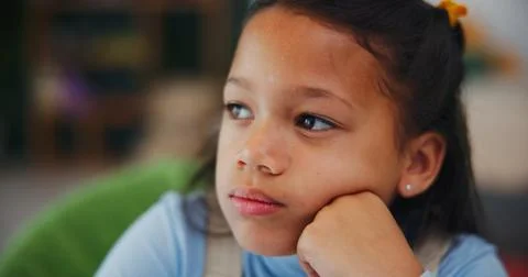 Thinking, student and decision with child in home for brainstorming, math s.. Stock Photos