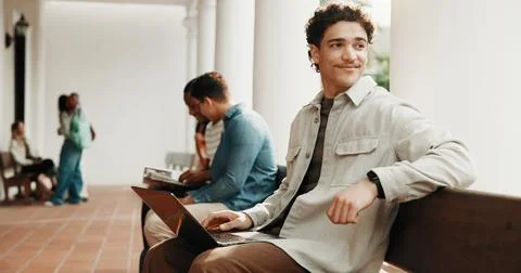 Thinking, student and happy man with laptop for education, academic informa.. Stock Photos