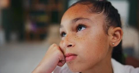 Thinking, student and vision with child in home for brainstorming, math sol.. Stock Photos