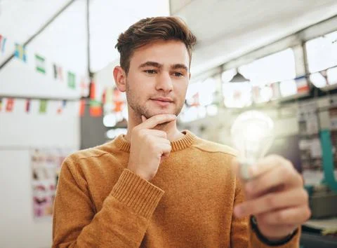 Thinking student, lightbulb ideas and problem solving solution for innovation Stock Photos